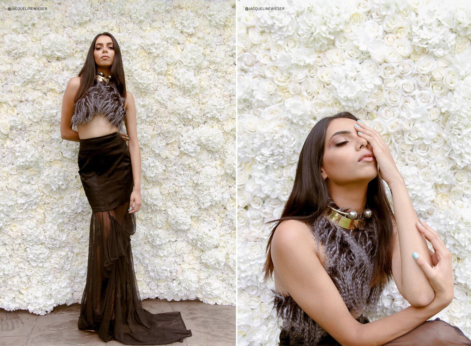 Fashion editorial featuring brown lace gown against white stone wall.