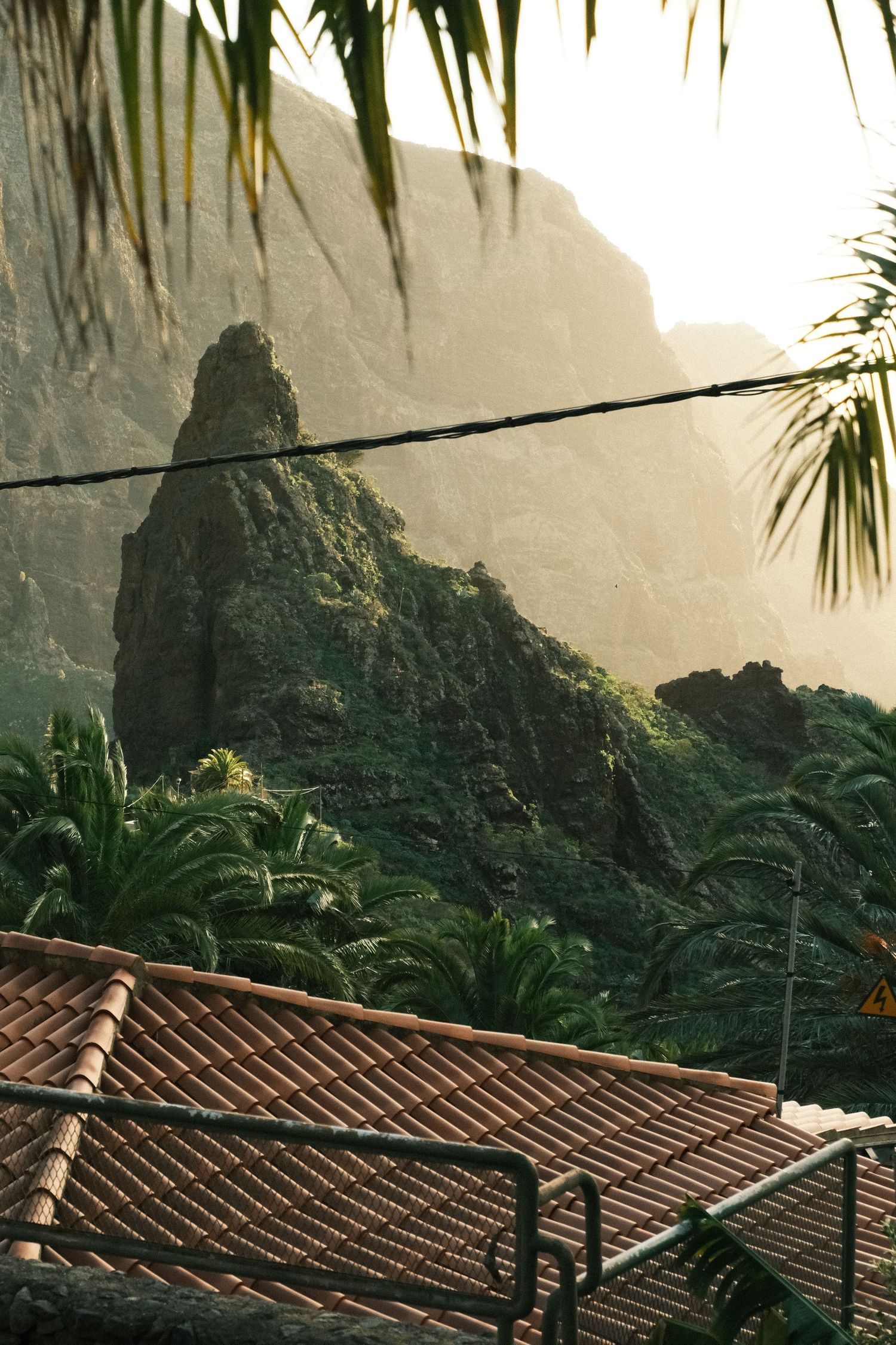 Mountainous landscape with palm trees and terracotta roofed buildings under golden sunlight.