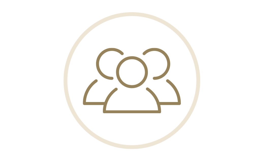Gold icon of three people in a decorative circle, symbolizing a group or team.