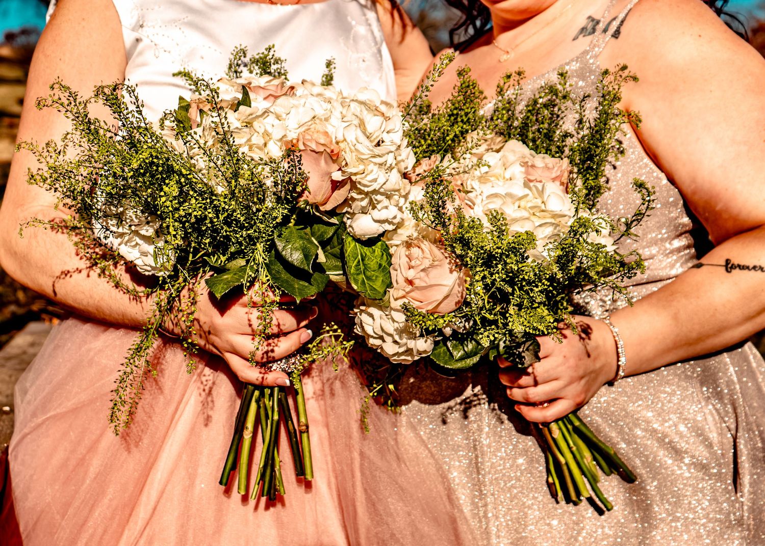 A detail shot of the bouquets--also intricately arranged by the brides!