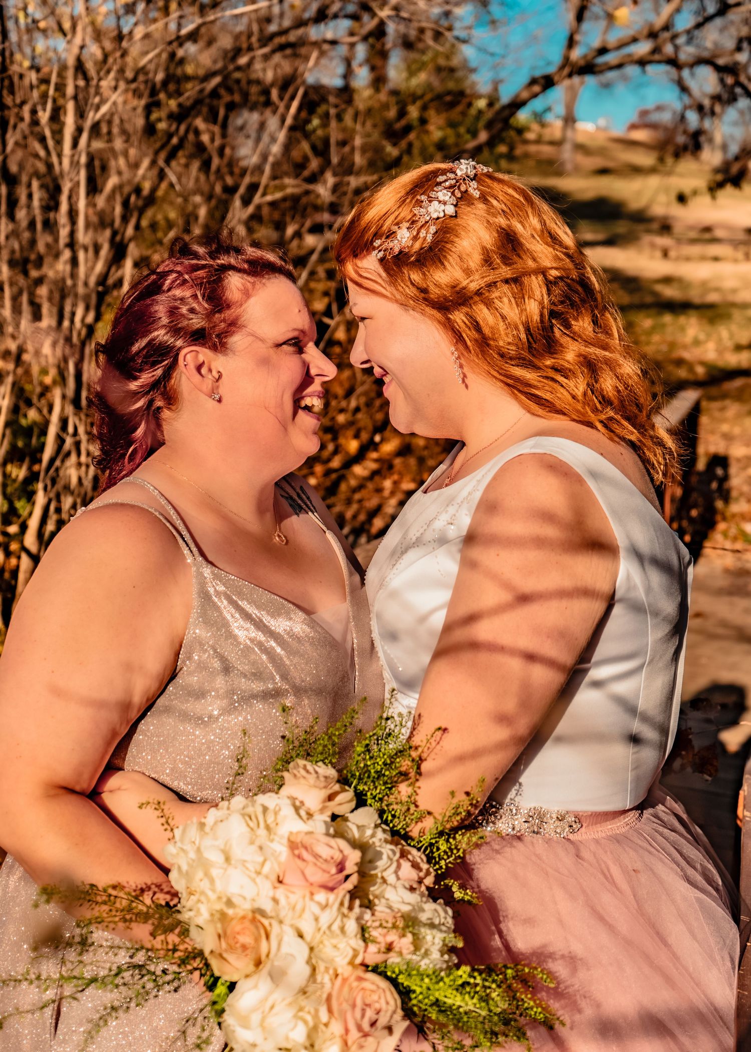 Lovingly looking into each other's eyes.