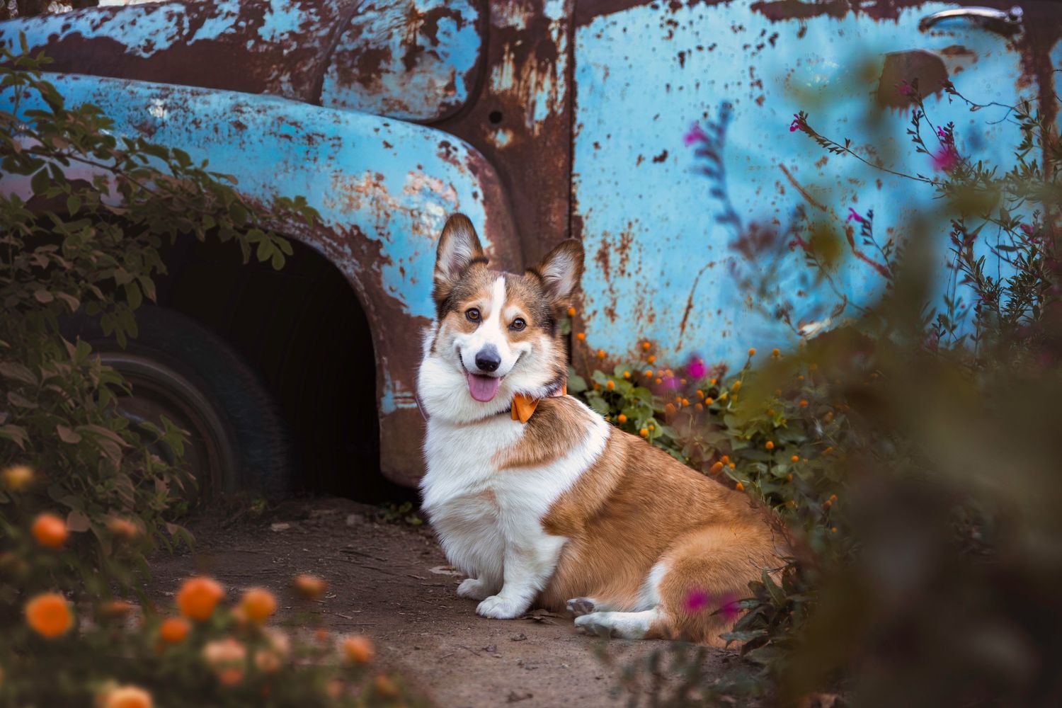 Cute Corgi dog sits in front of vintage blue truck during pet photography session in Knoxville TN at UT Gardens