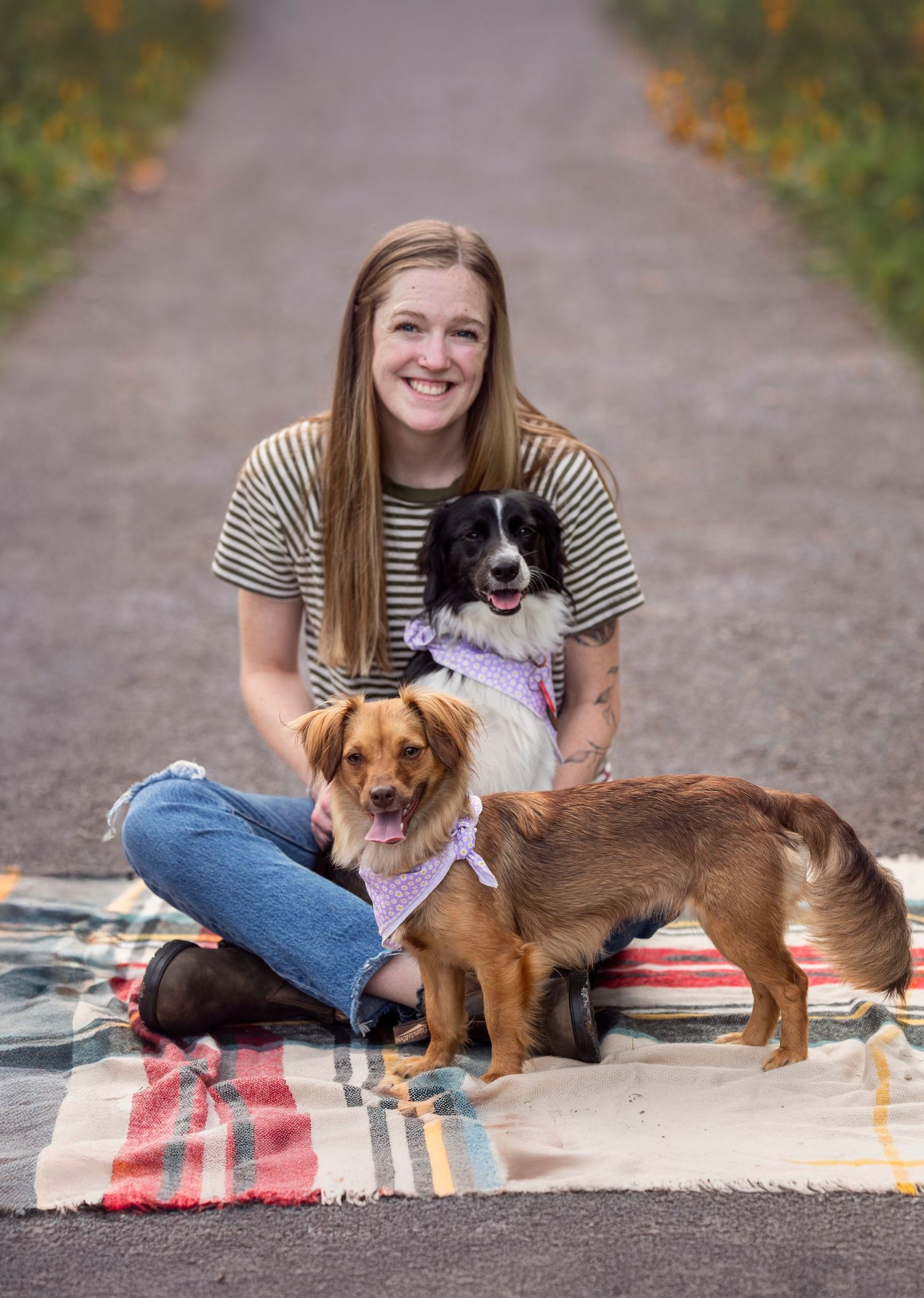 Woman sits on blanket with two small dogs at dog photography session at UT Gardens in Knoxville, TN