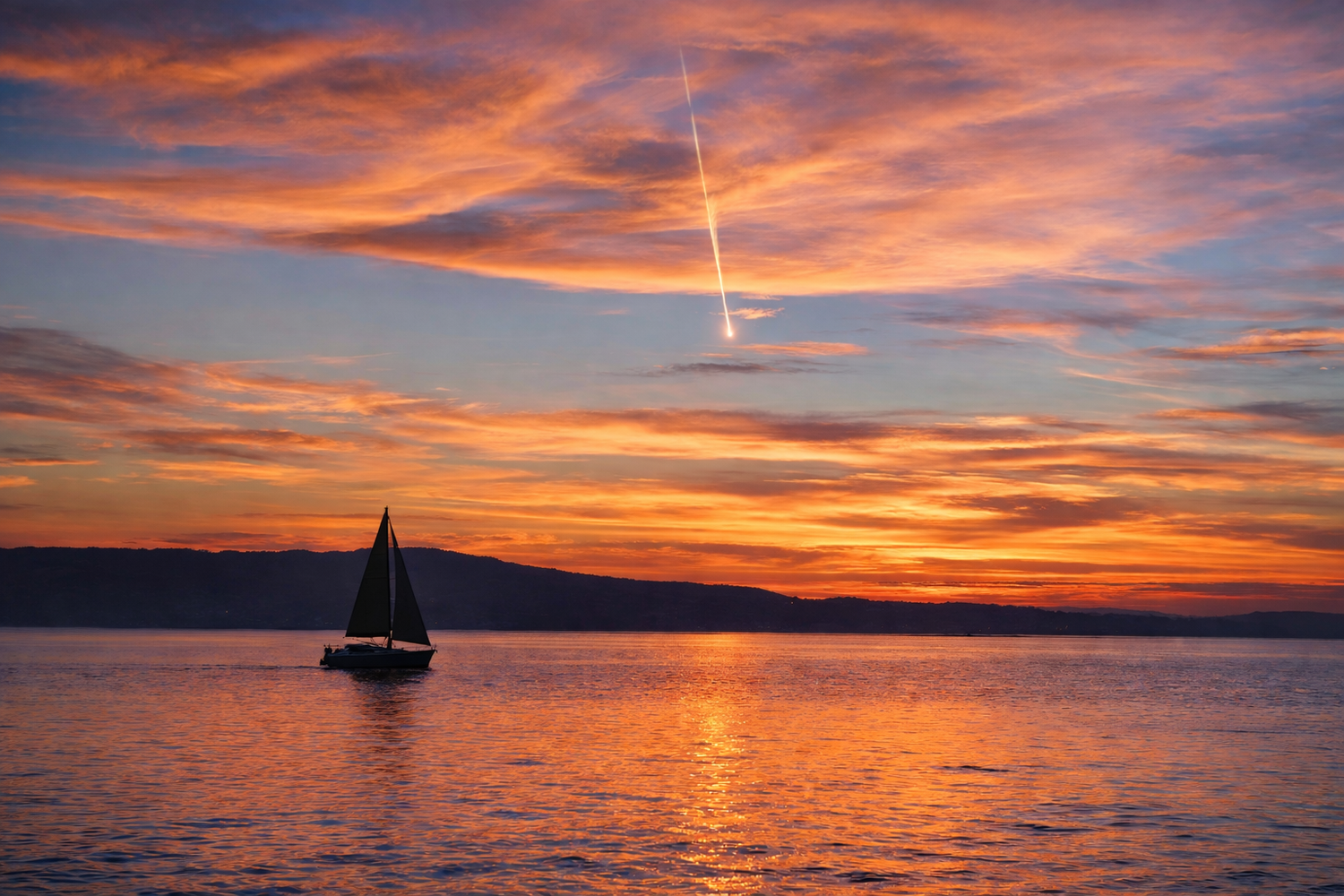 Spectacular orange and purple sunset over calm ocean waters with silhouetted sailboat. Alameda, California