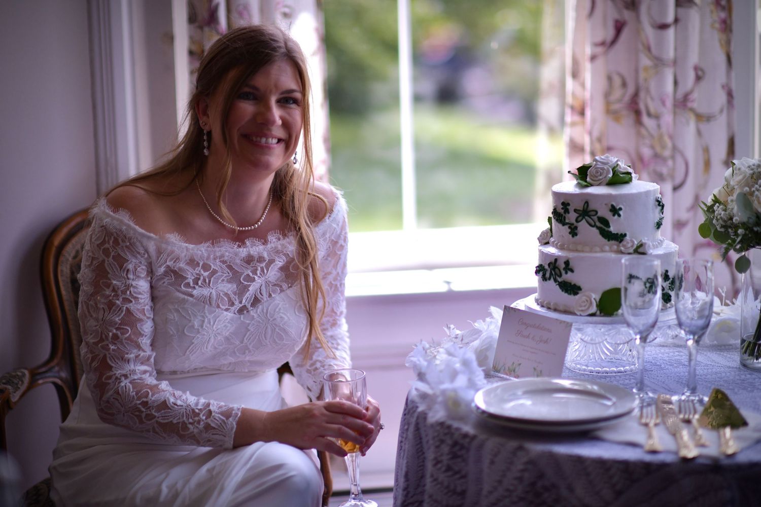 A montage of elegant wedding reception photos showing table settings, cake details, and dining ambiance at a rustic venue.