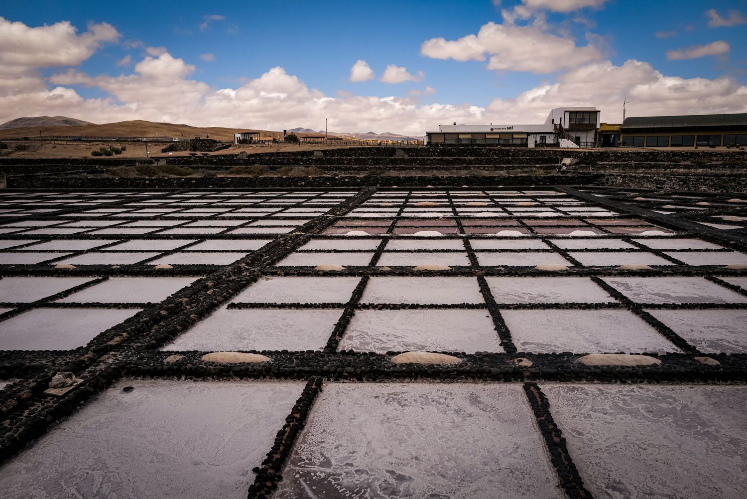 Geometric pattern of salt flats with dark grid lines stretching towards distant mountains.