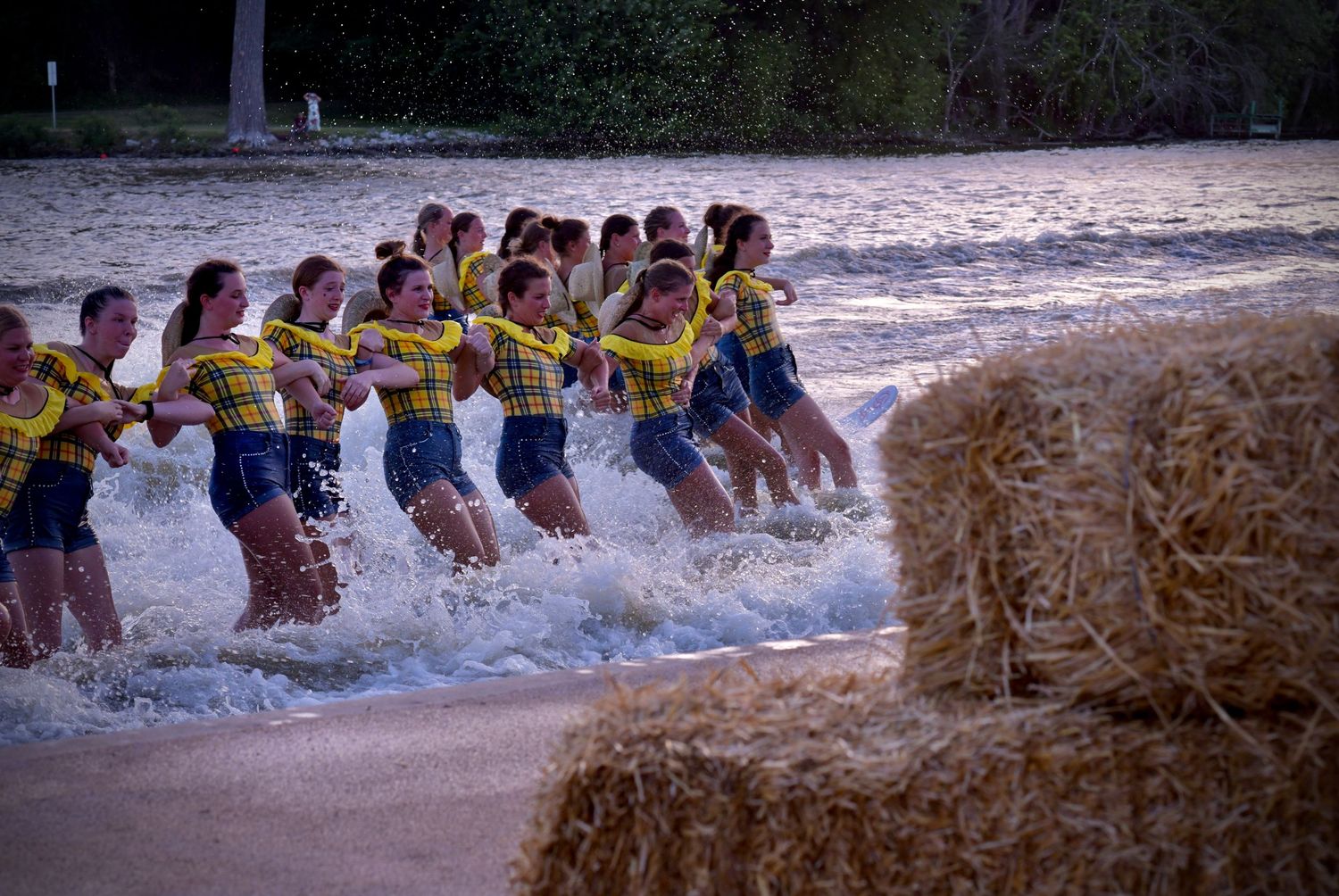 A group wearing yellow jerseys performs a synchronized water skiing exhibition on a lake past hay bales.