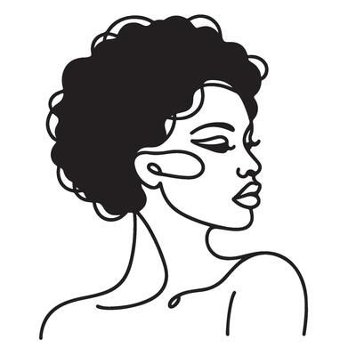 Minimalist line art illustration of a Black woman with curly hair in profile view, elegant and modern style.