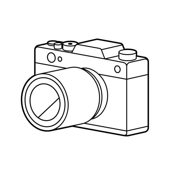 Line drawing illustration of a vintage rangefinder camera with large lens, shown in three-quarter view on white background.