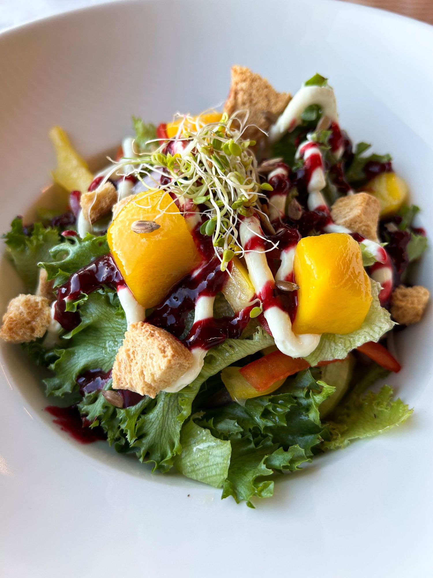 Fresh garden salad with yellow beets, sprouts, croutons, mixed greens, and berry vinaigrette dressing in a white bowl.