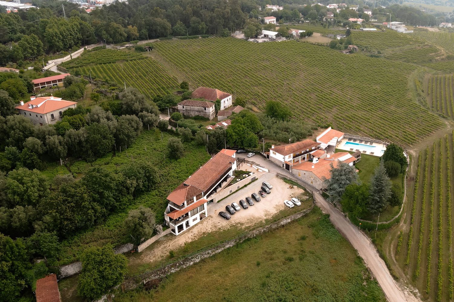 Aerial view of a winding driveway leading to a Mediterranean-style villa surrounded by green rolling hills and vineyards.
