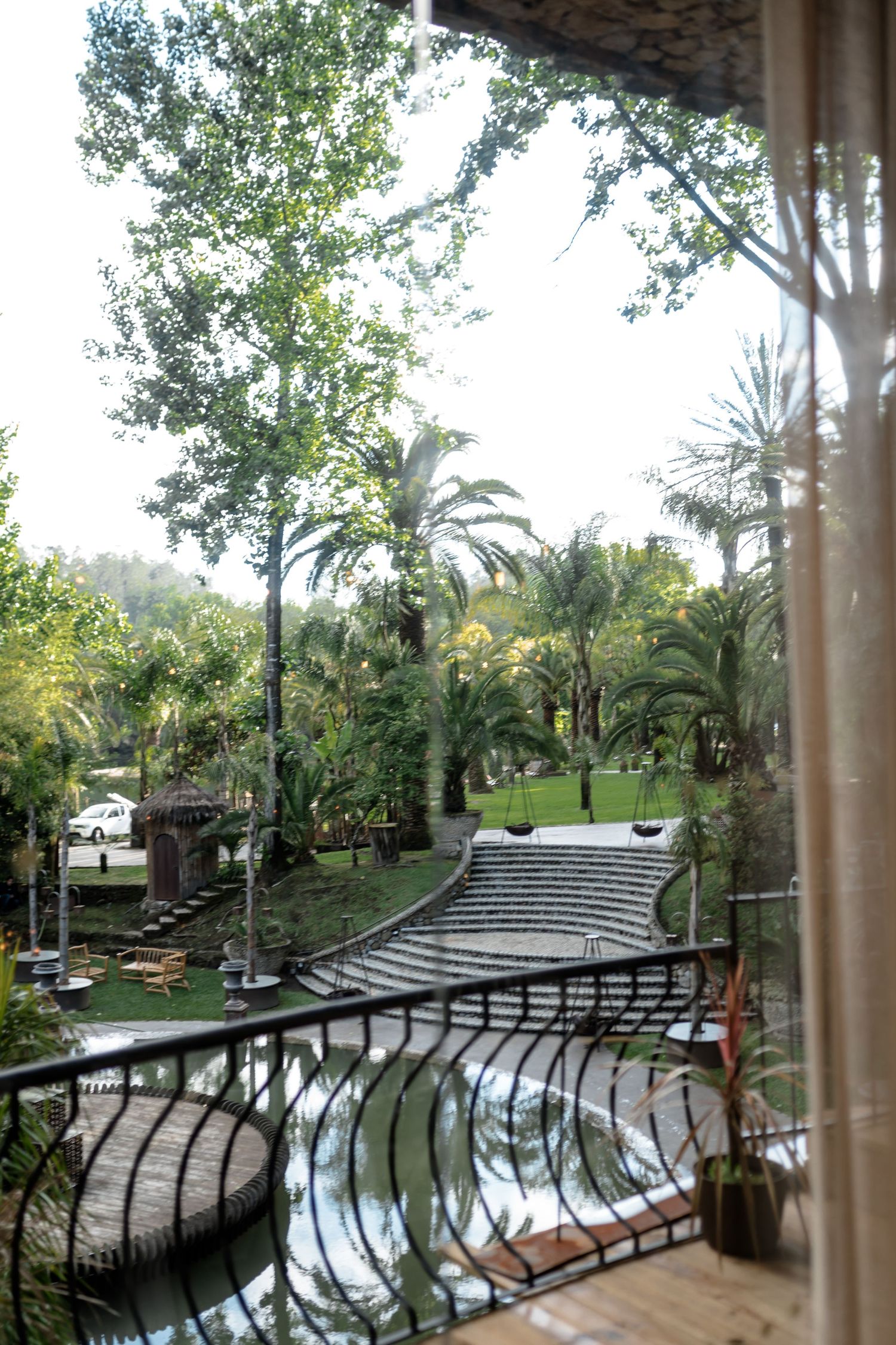Scenic outdoor amphitheater with curved steps surrounded by palm trees and lush landscaping.