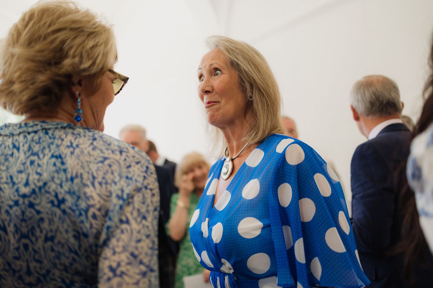 Wedding guests in blue polka dot dresses mingling at a reception.