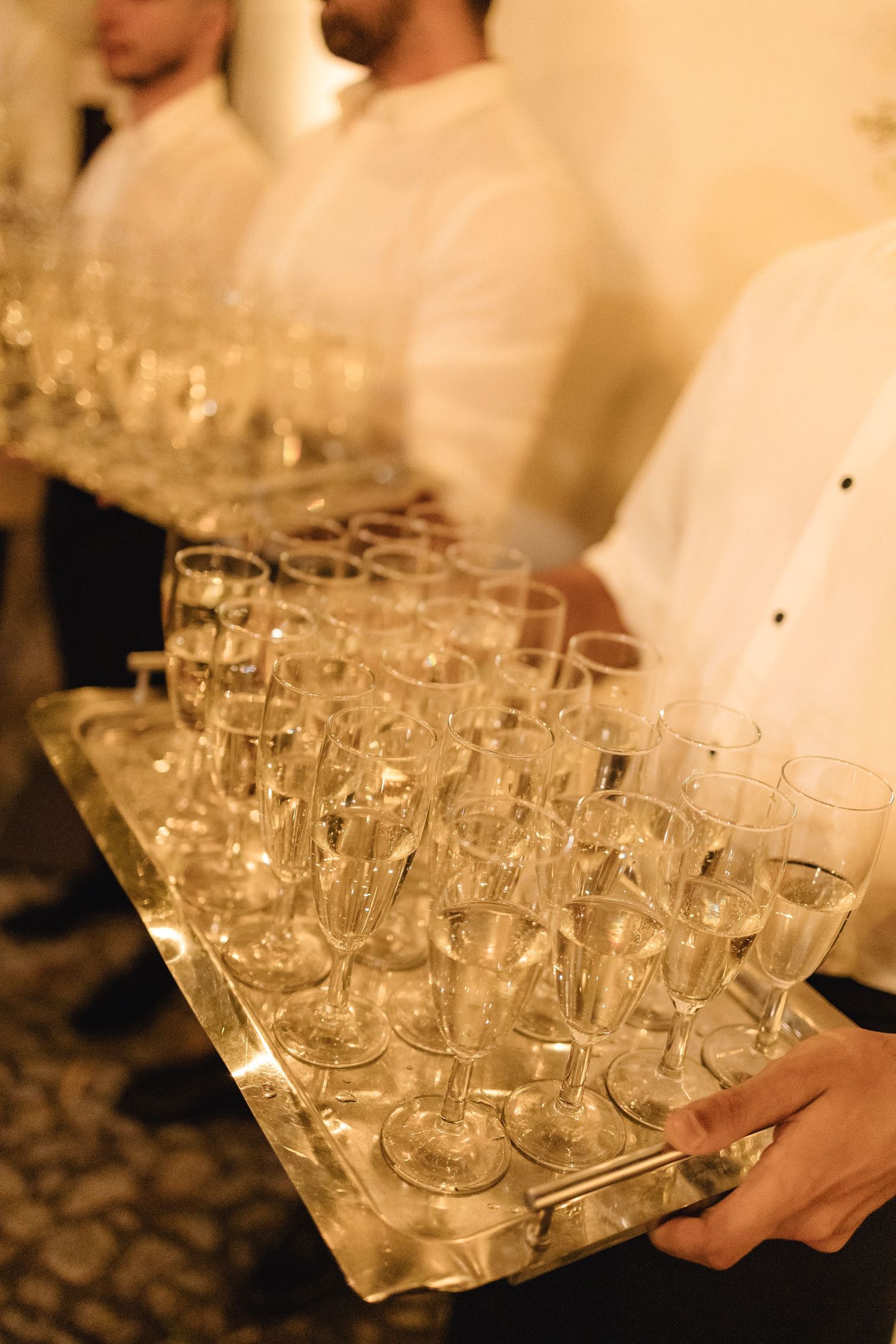 Server holding tray with multiple champagne glasses at formal event.