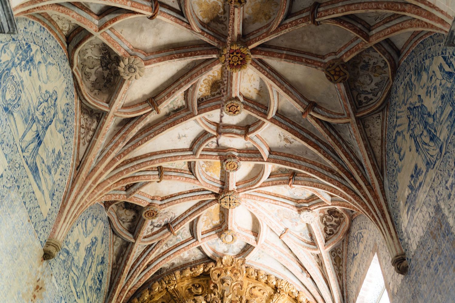 Ornate vaulted ceiling with intricate painted details and architectural elements.