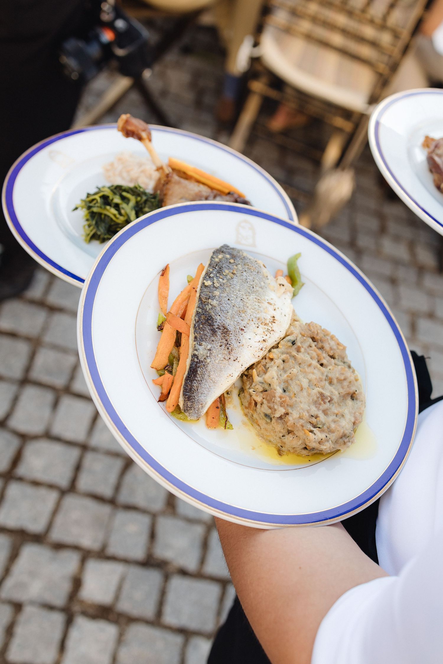 Plated fish dish with vegetables served on white plates with blue trim.
