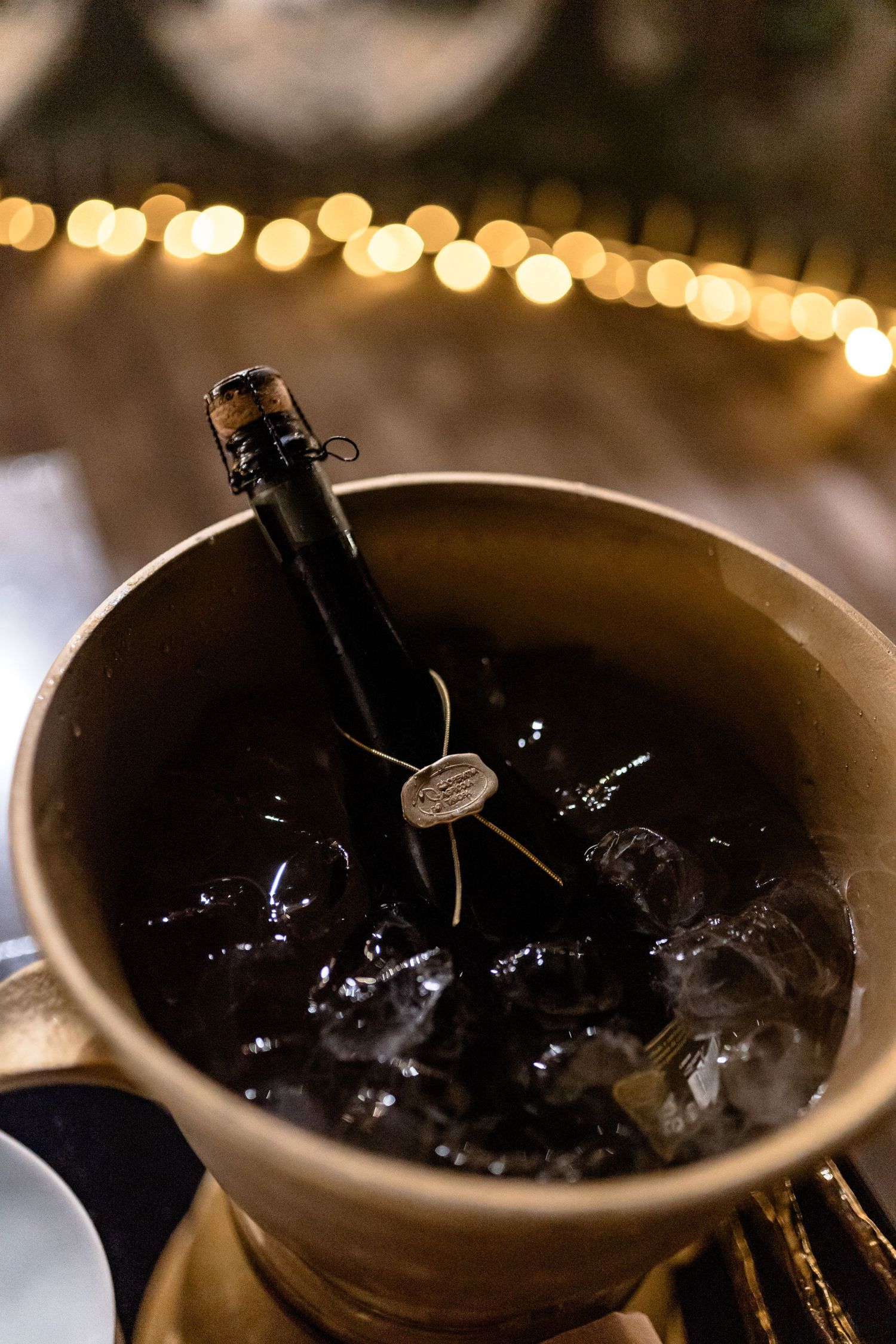 Close-up of ice cubes in dark cocktail glasses at an elegant event bar.