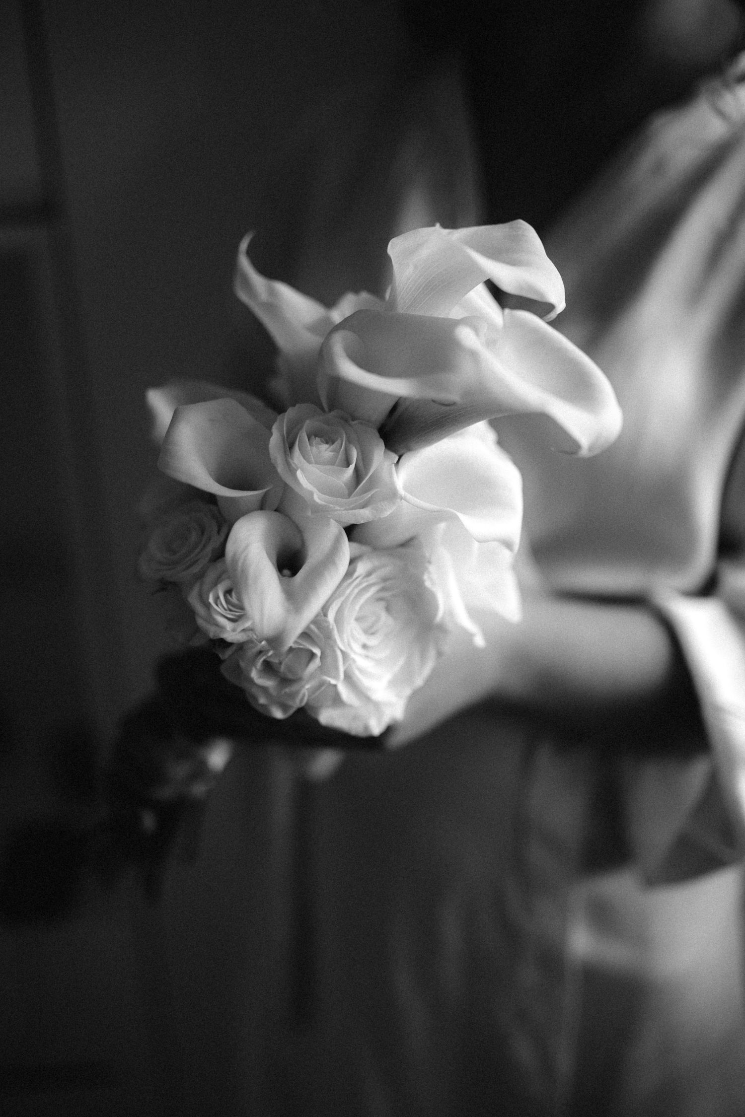 Delicate white roses captured in soft focus black and white photography.