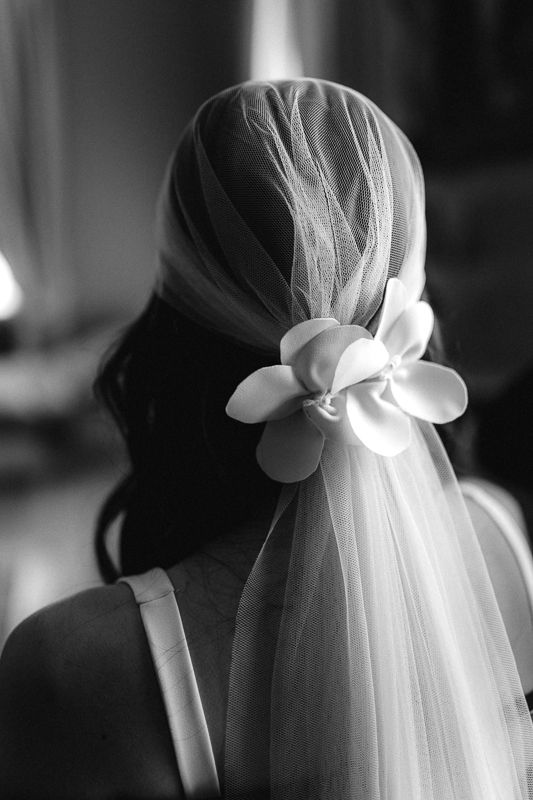 Delicate white bridal veil details captured in black and white photography.
