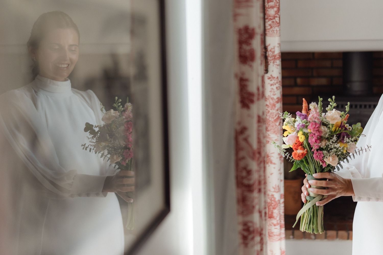 Artistic motion blur captures wedding dress details and floral bouquet.