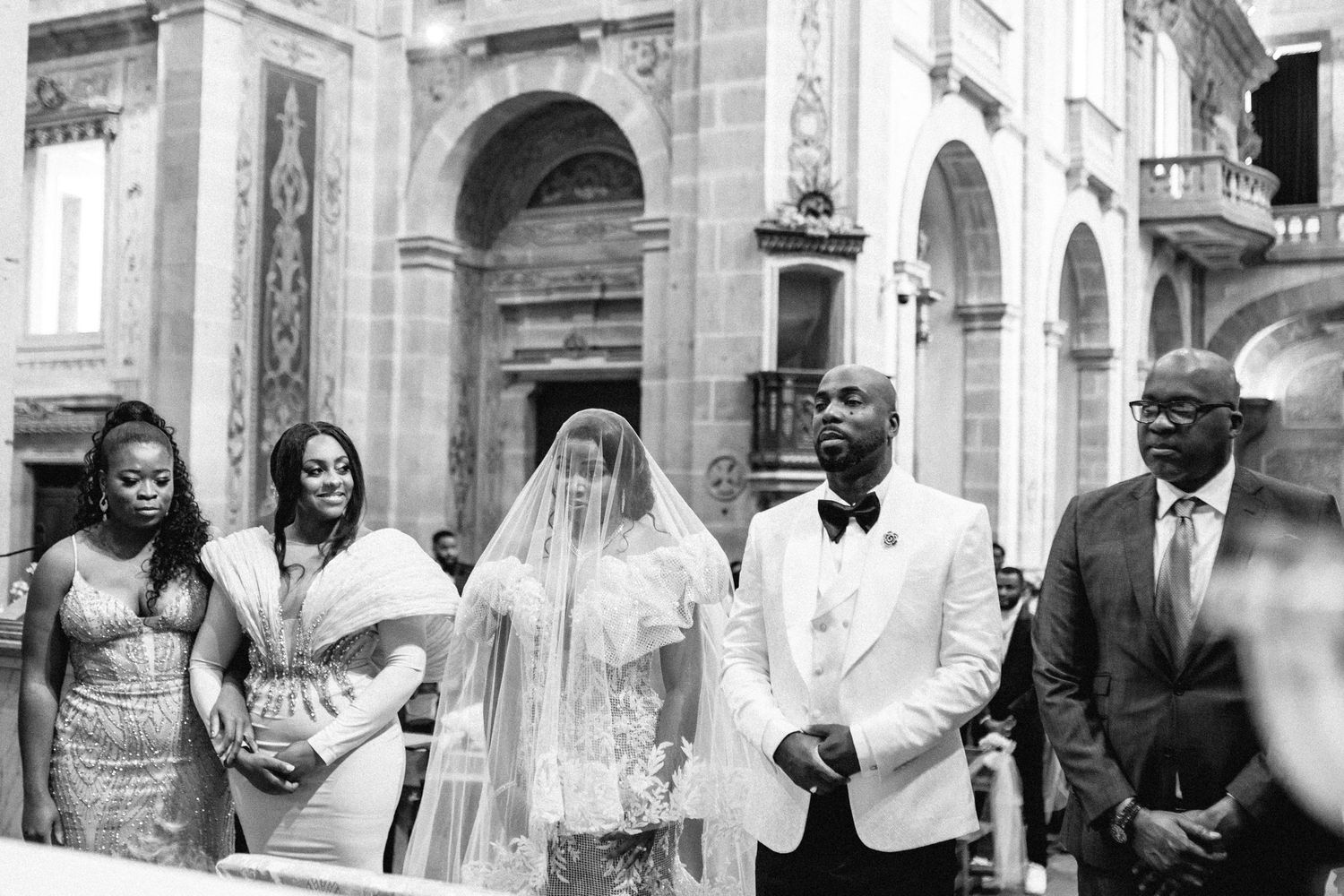 A black and white photo collage showing multiple wedding portraits arranged in a horizontal strip.