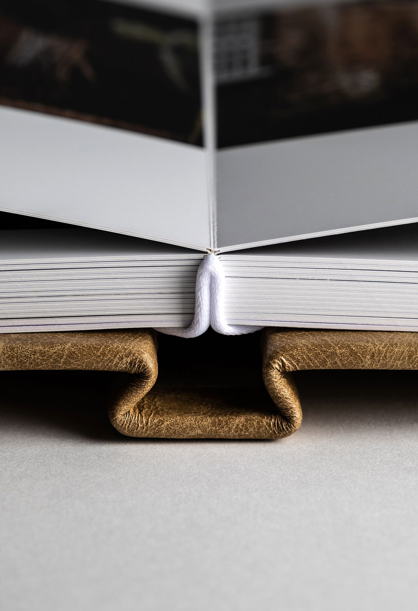 Close-up view of an open book spine showing white pages and brown leather binding detail.