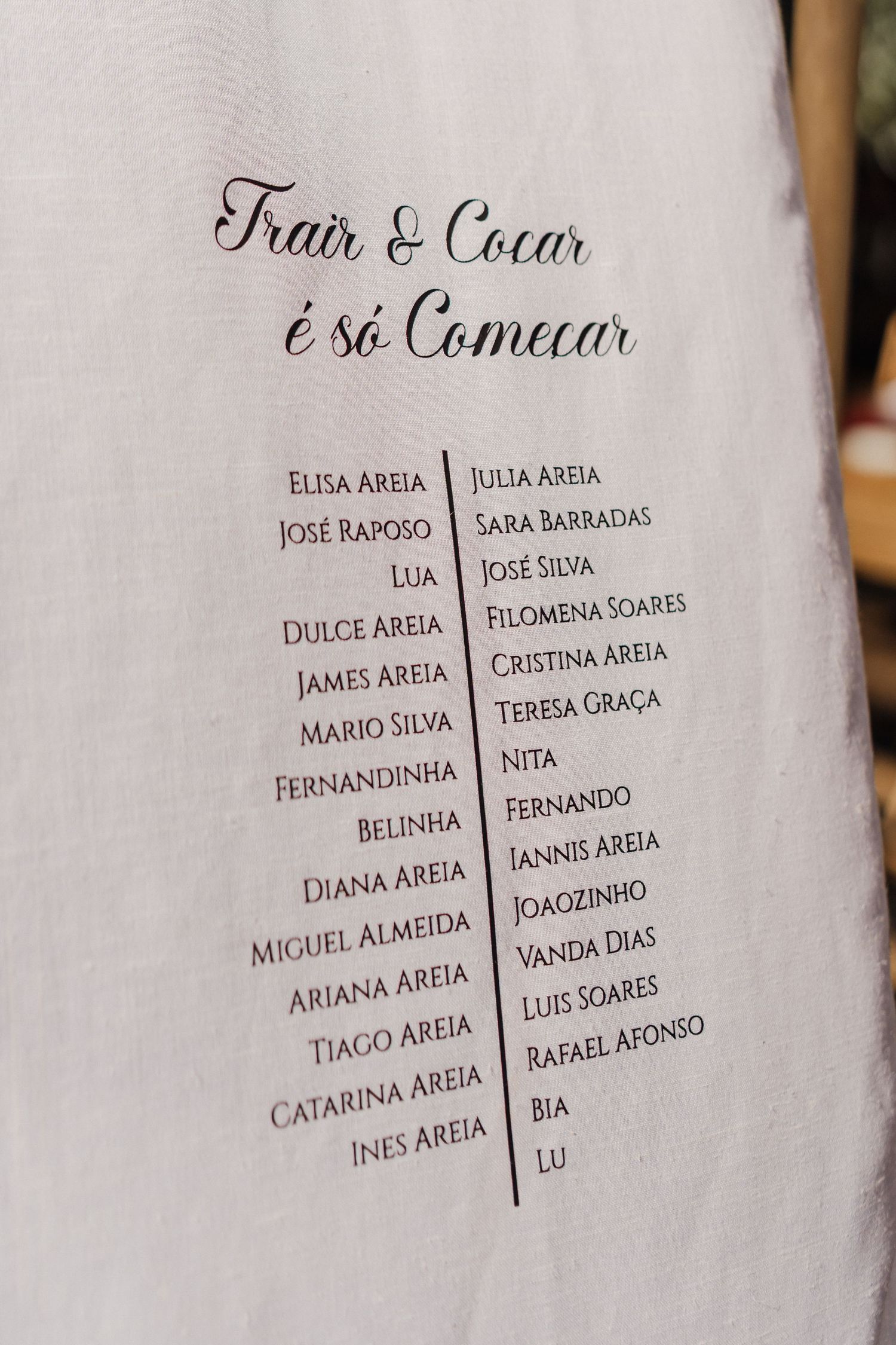 Wedding guest list or seating chart printed in elegant script on white paper.