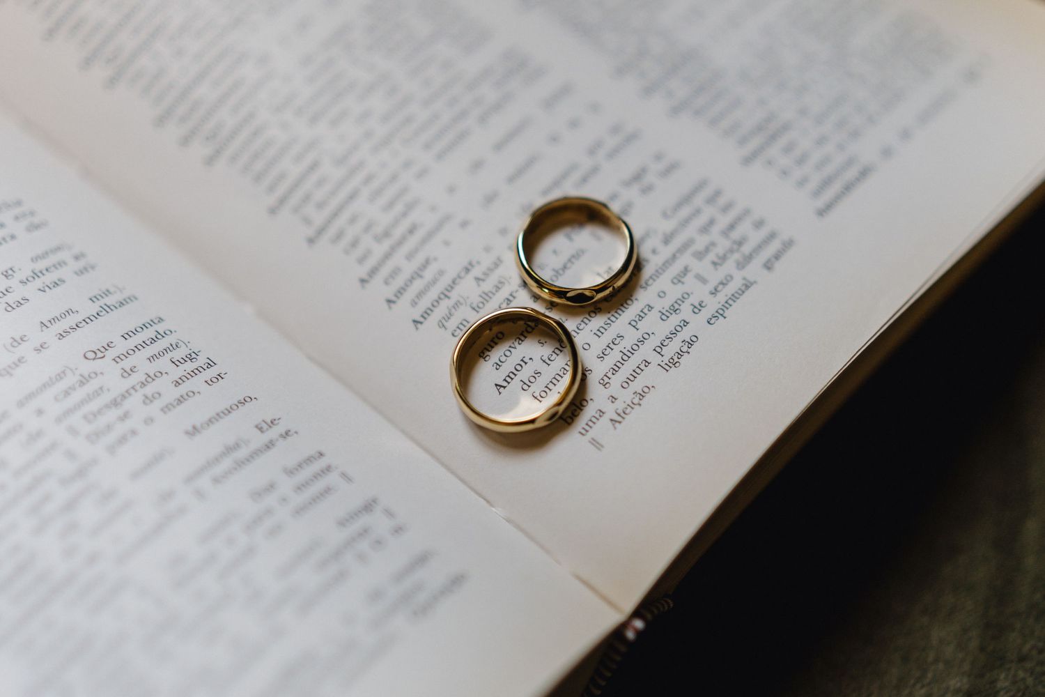 Wedding rings placed on pages of an open book.