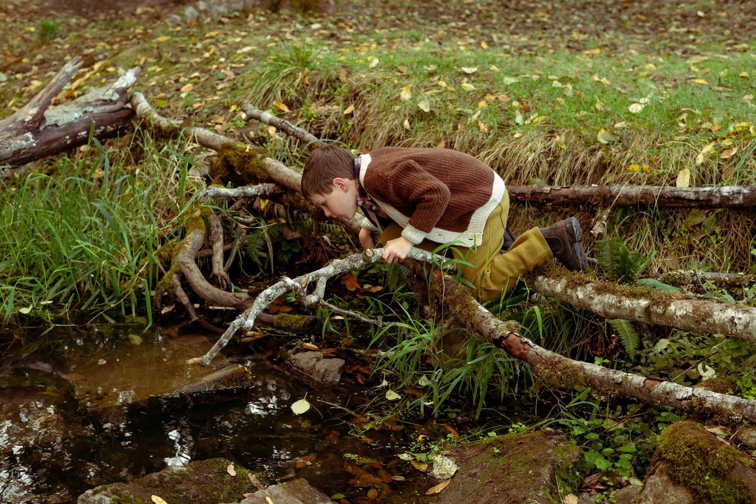 A boy climbs on a collection of logs, branches, and debris scattered on the ground in a forest setting.