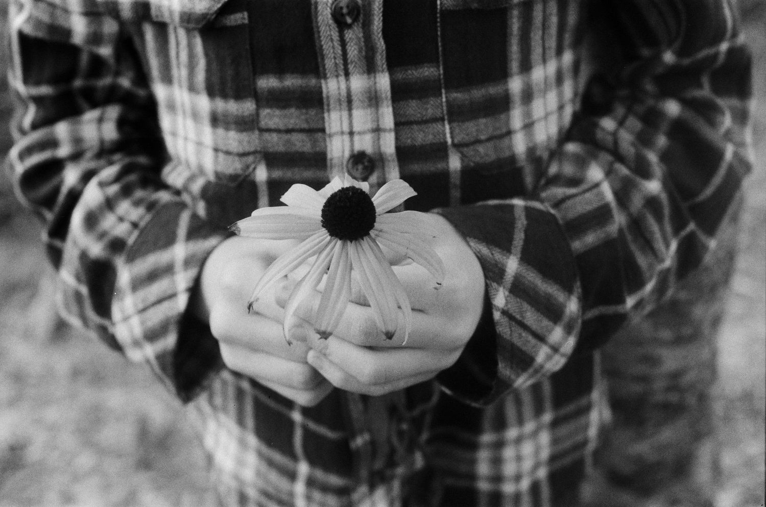 Close-up detail of hands holding plaid fabric in black and white.