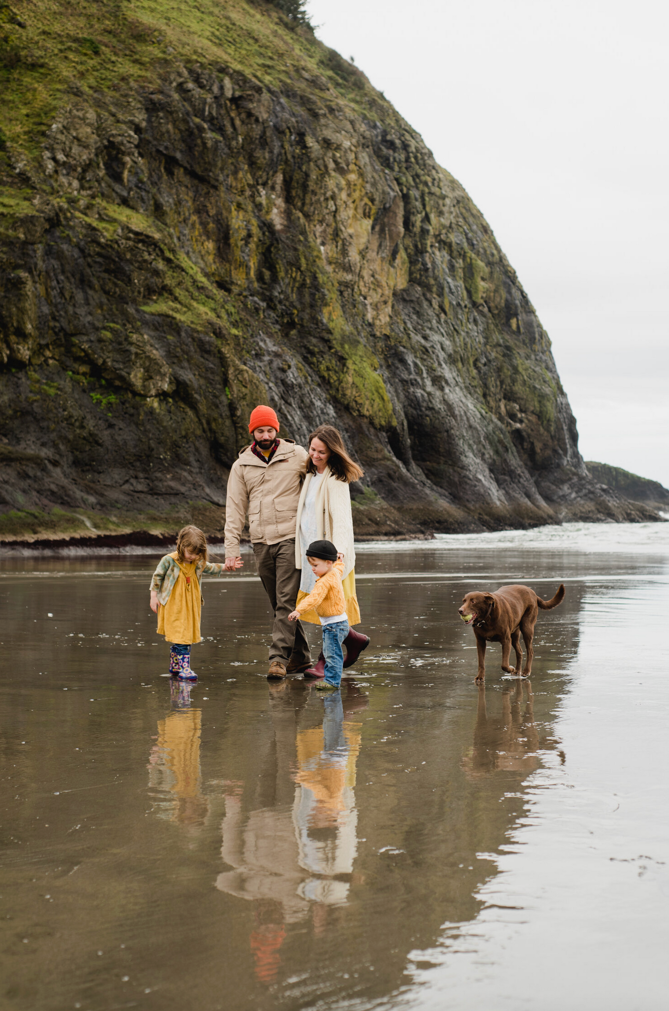 Family walking with their dog along a misty beach with dramatic cliffs in the background.