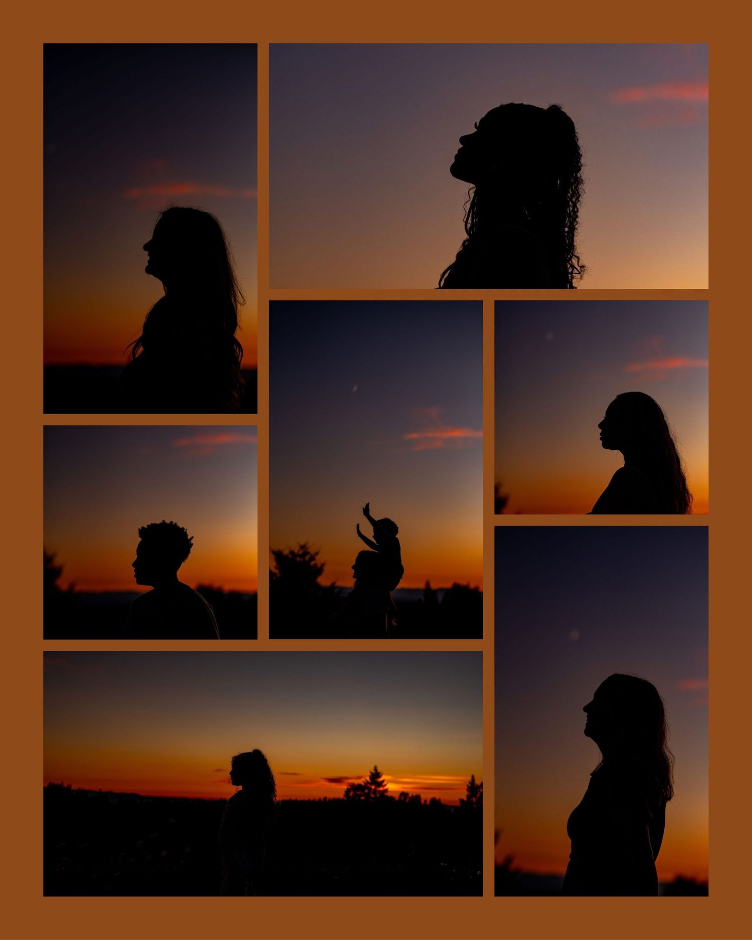 A collection of silhouetted figures gazing at a vibrant orange and purple sunset across multiple framed images.