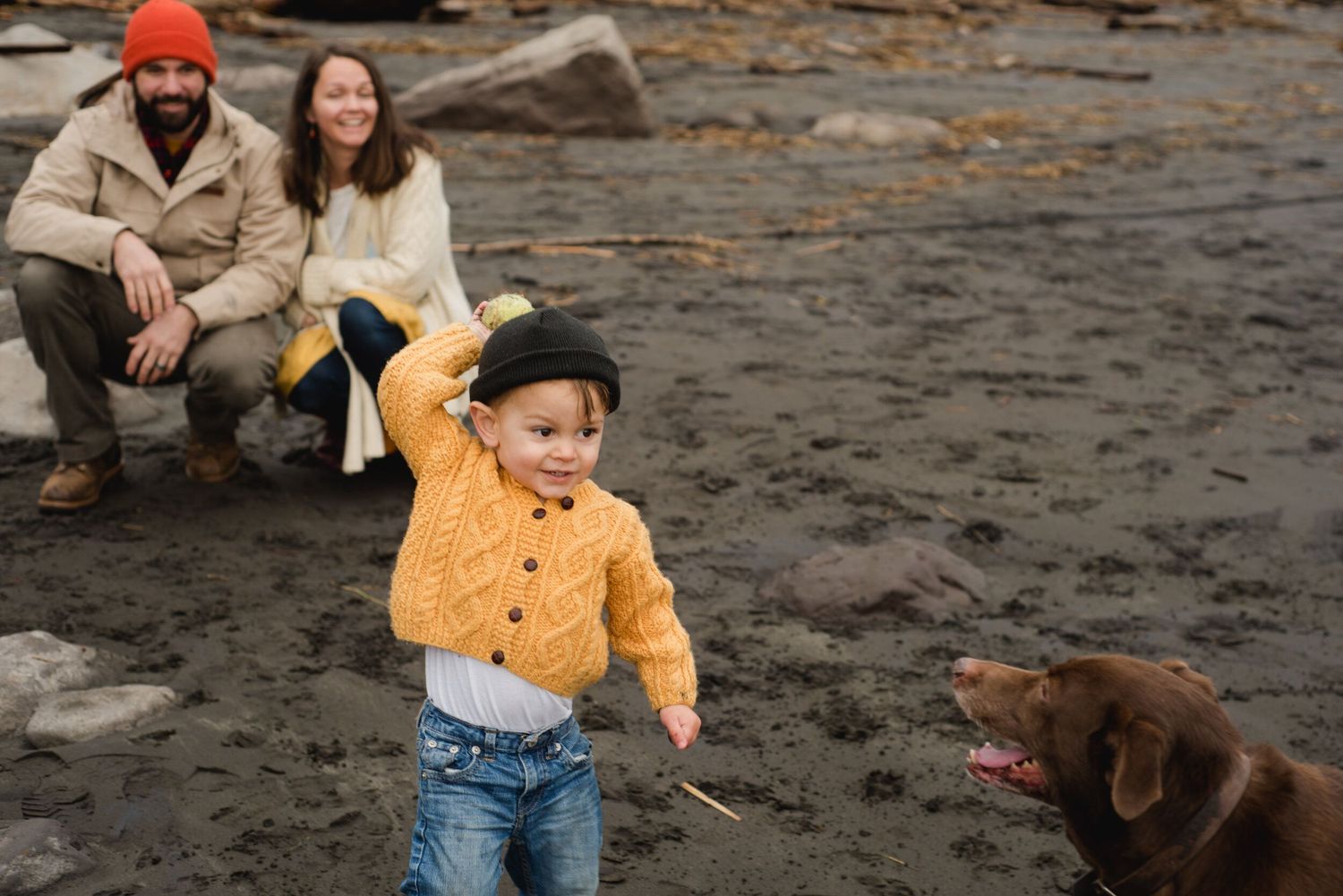 A child in a yellow sweater plays on a rocky beach while a dog watches nearby.