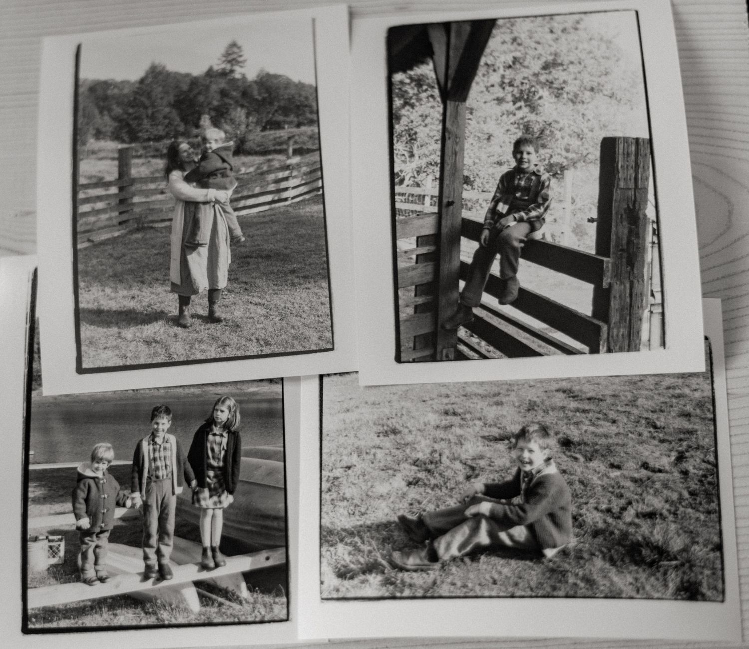 A collection of vintage black and white photographs arranged in a row showing various outdoor scenes and moments.