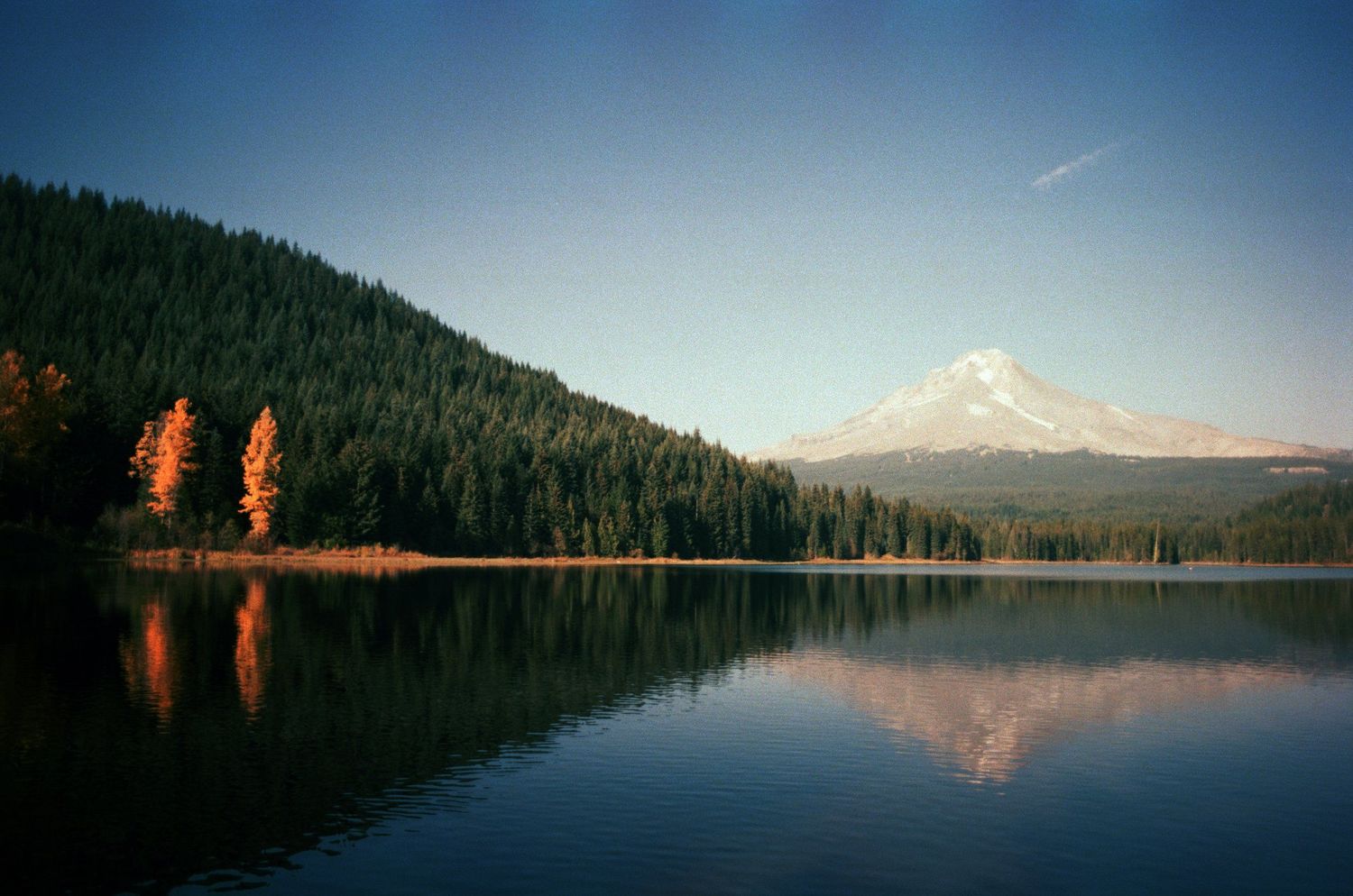 Snow-capped mountain reflects in calm lake with orange autumn trees along shoreline.