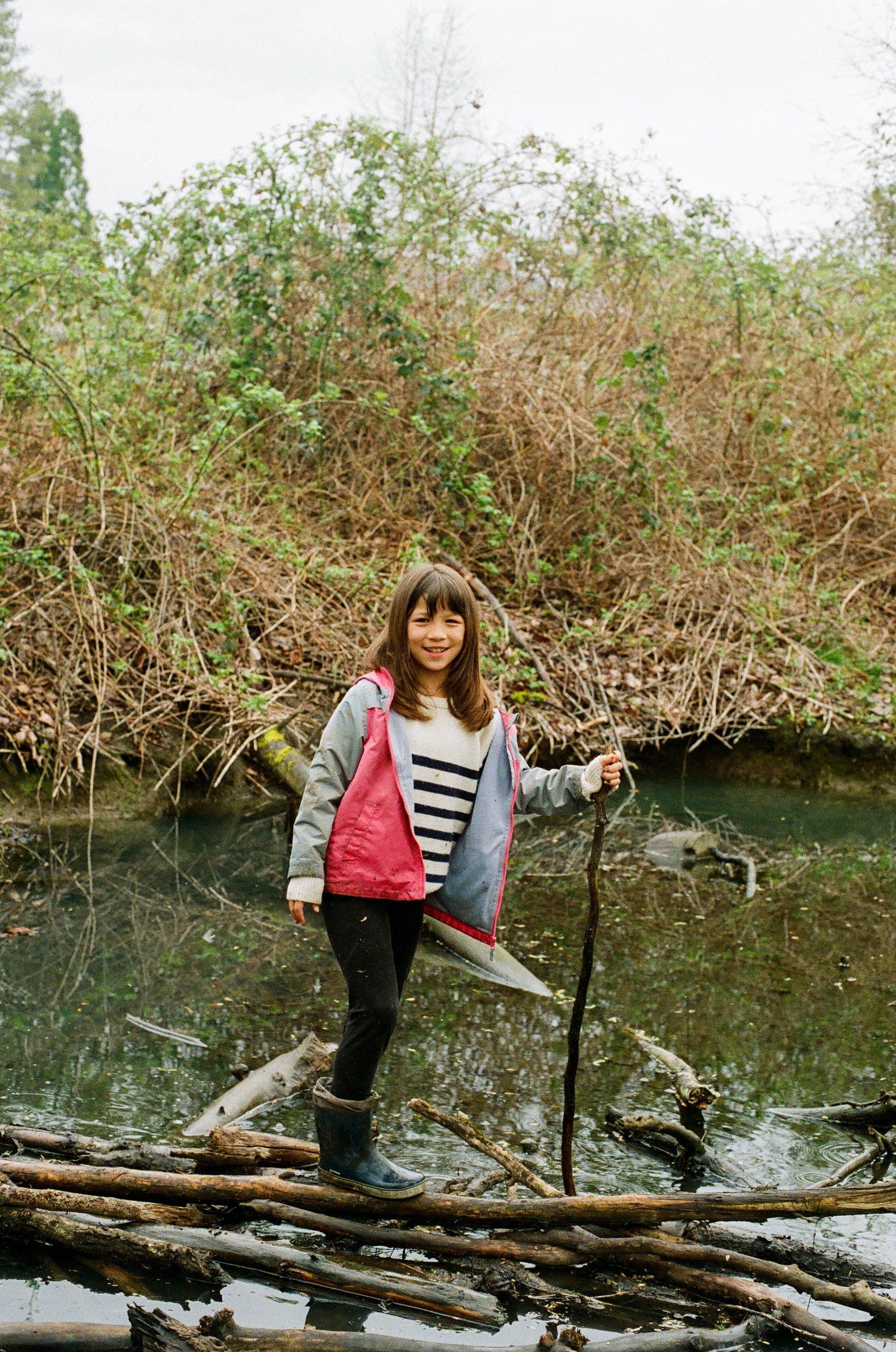 Person in a striped shirt and pink jacket balances on fallen logs while exploring near a stream in nature.