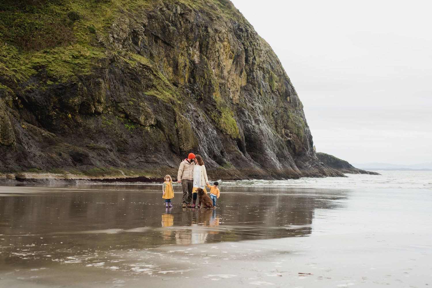 A group walking along a dramatic coastal beach with mossy cliffs in the background.