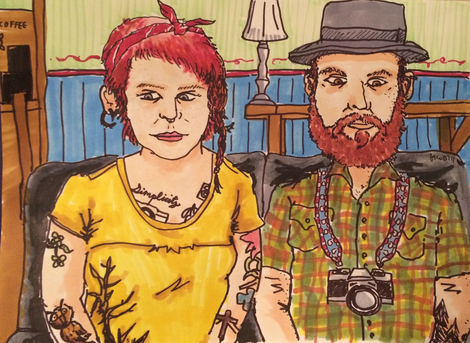 Illustration of two people sitting together, one wearing yellow with bright red hair and tattoos, the other with a beard and camera.