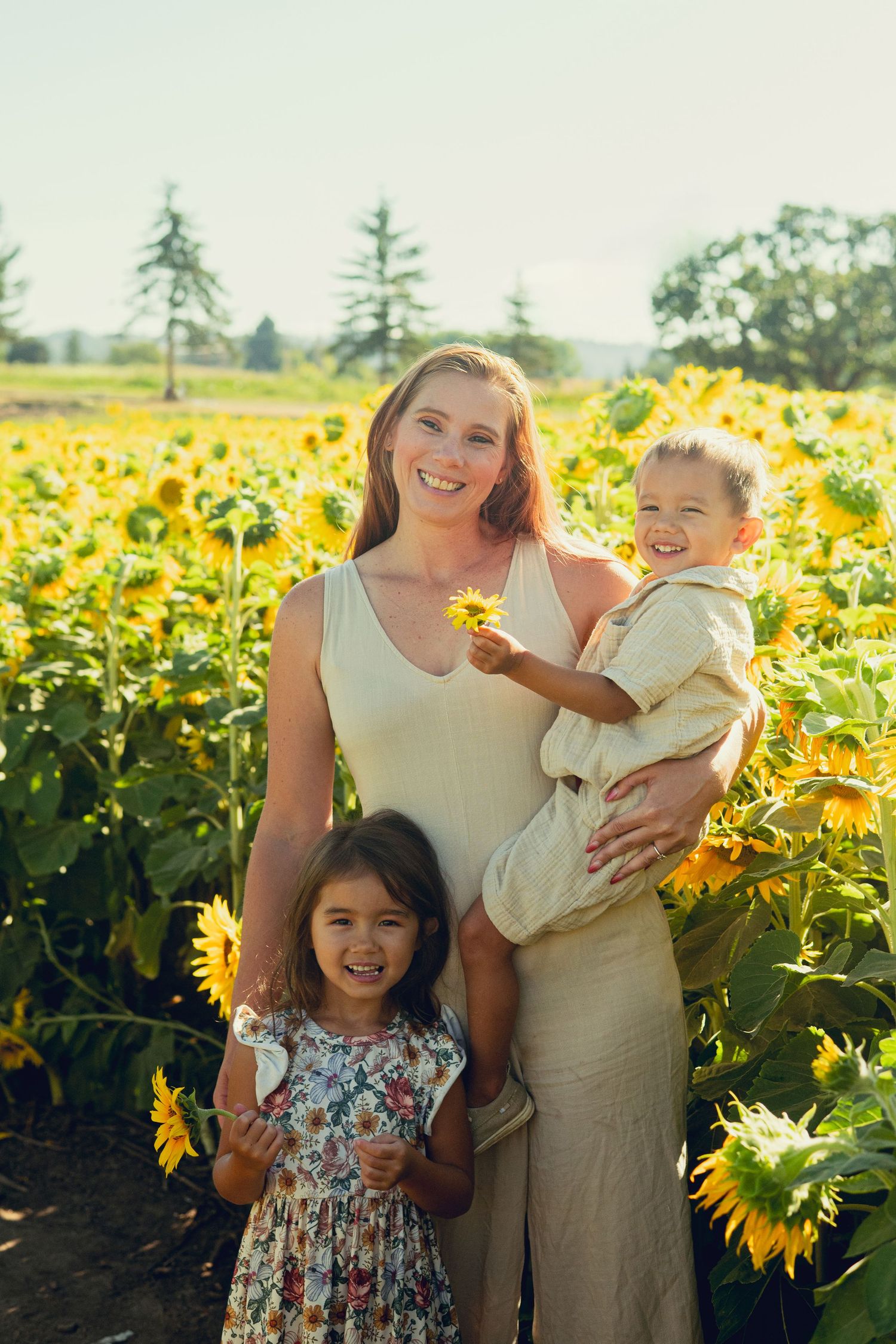 A joyful family moment captured in a vibrant sunflower field during golden hour.