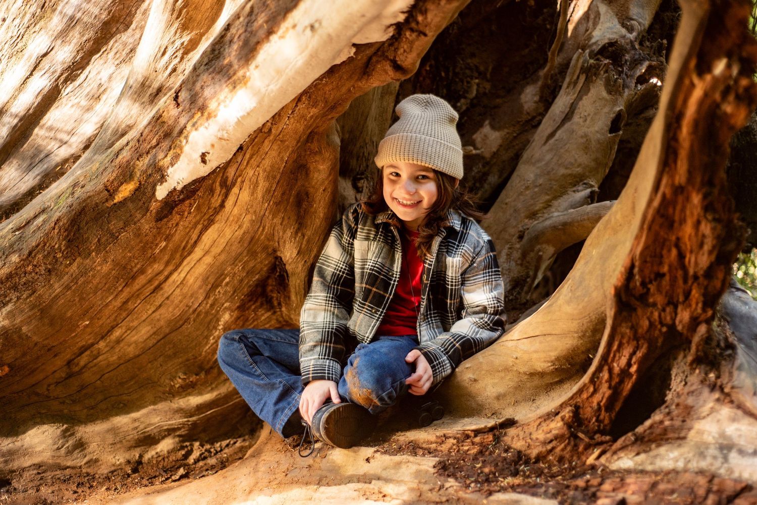 A person in plaid and beanie sits cross-legged inside a hollow tree trunk.
