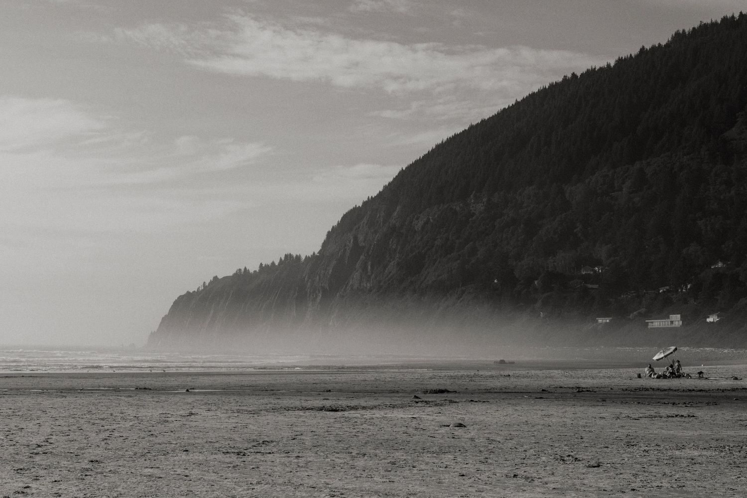 Black and white landscape of dramatic Oregon coastline with misty cliffs and waves breaking on a rocky shore.