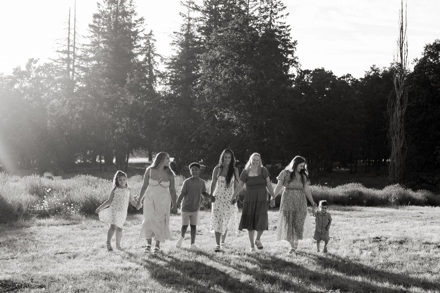 A group of people in white dresses walk through a sunlit meadow with pine trees in the background.