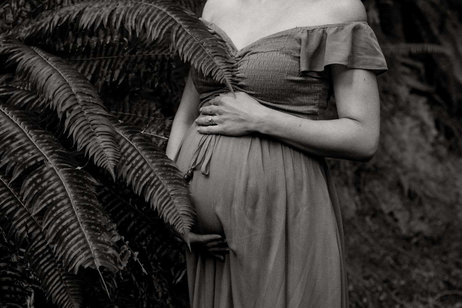 Black and white maternity photo with fern leaves framing pregnant belly.