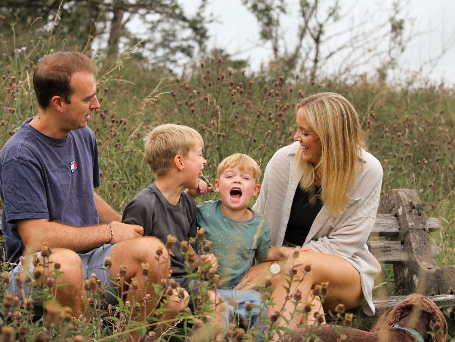 A happy family of four laughs together sitting among wildflowers in a sunny outdoor setting.