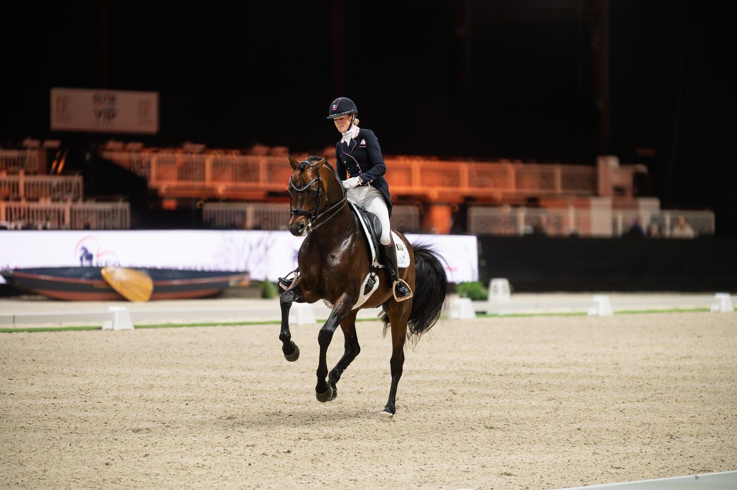 Equestrian rider on dark horse performing dressage in night competition arena.
