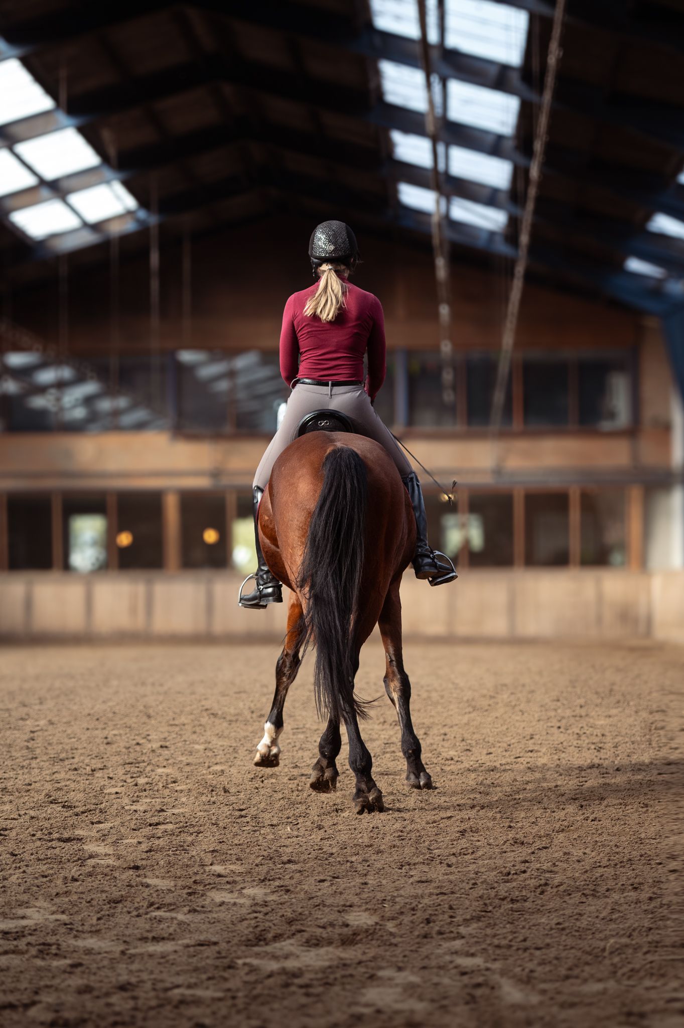 Rear view of equestrian rider on bay horse in indoor arena.