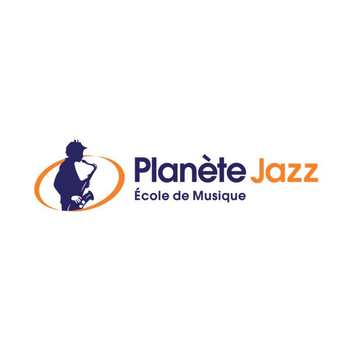Planete Jazz music school logo featuring a jazz musician silhouette with orange and blue design.