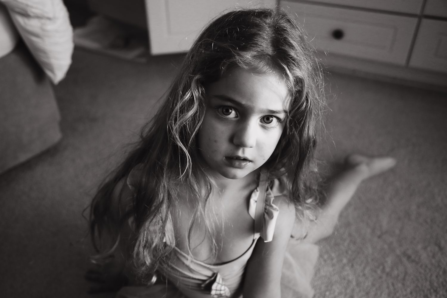 Black and white portrait of young girl with expressive gesture, Sydney family photography