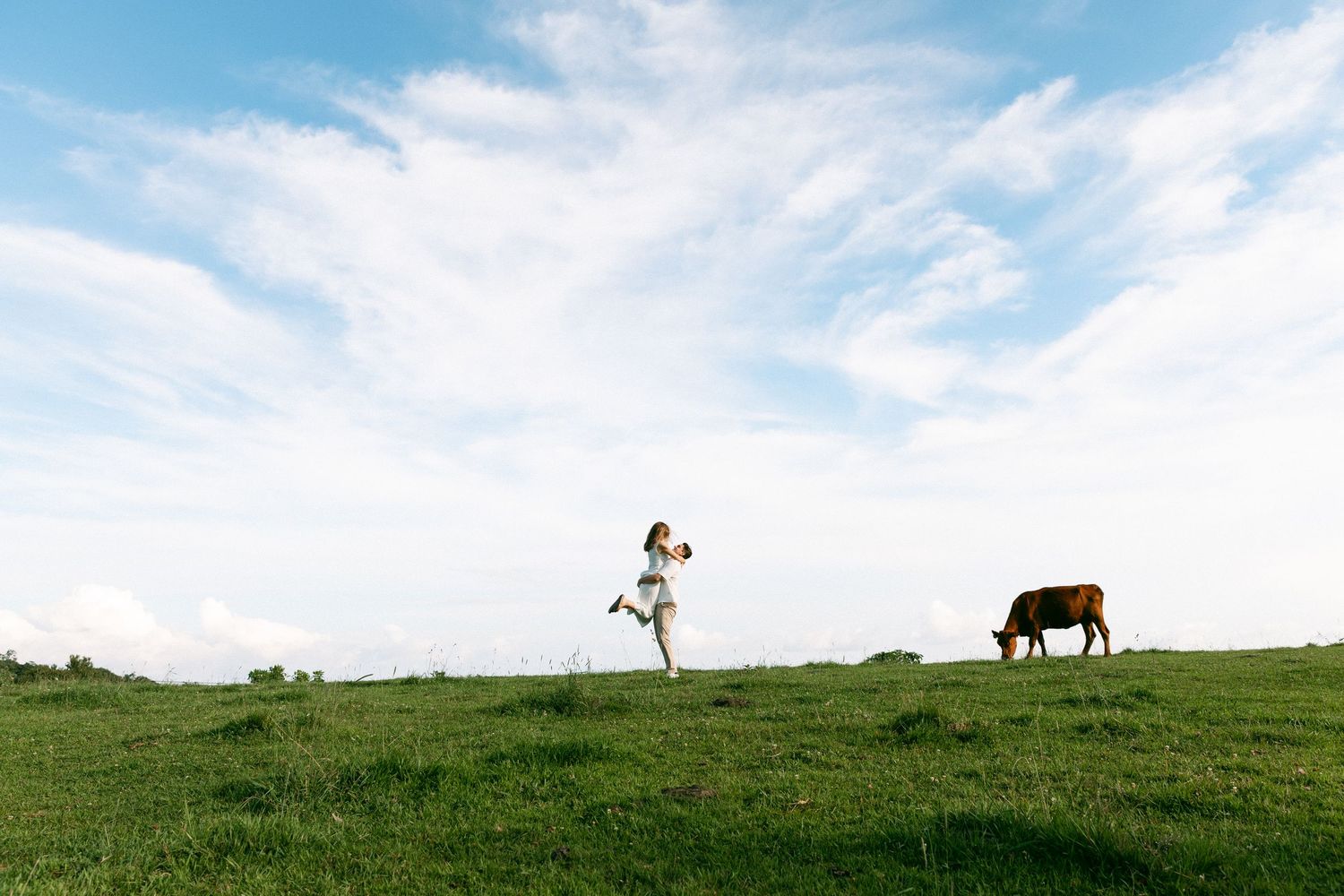 A woman in a white dress runs joyfully across a lush green meadow with a brown cow grazing under a blue sky.