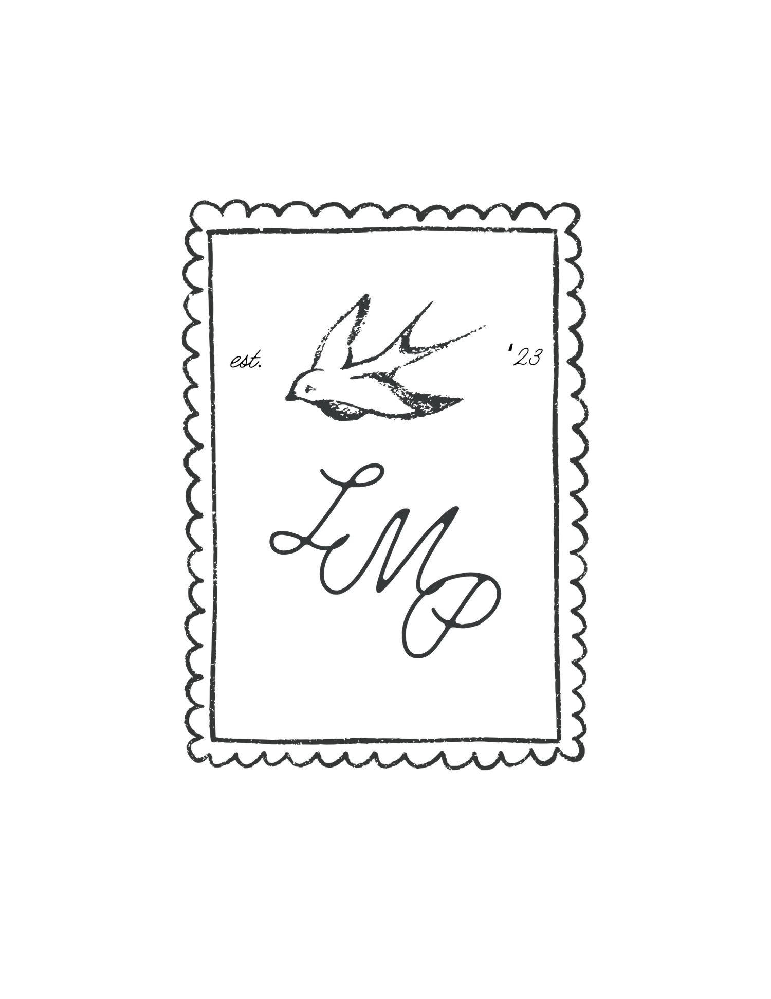 Vintage-style stamp logo with a swallow bird and LMP monogram initials, established 2023.